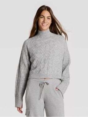 JoyLab Light Gray Cable-Knit Mock Neck Sweater